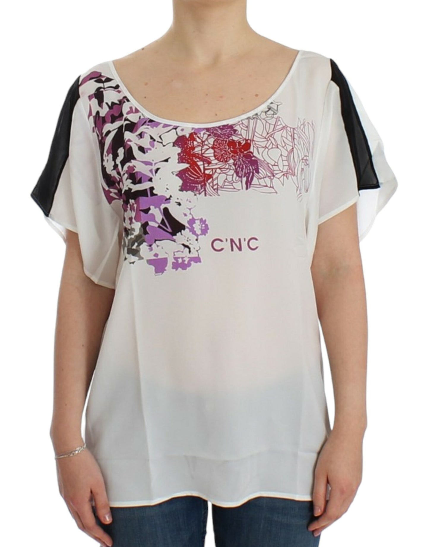 - Chic White V-Neck Motive Print Tee