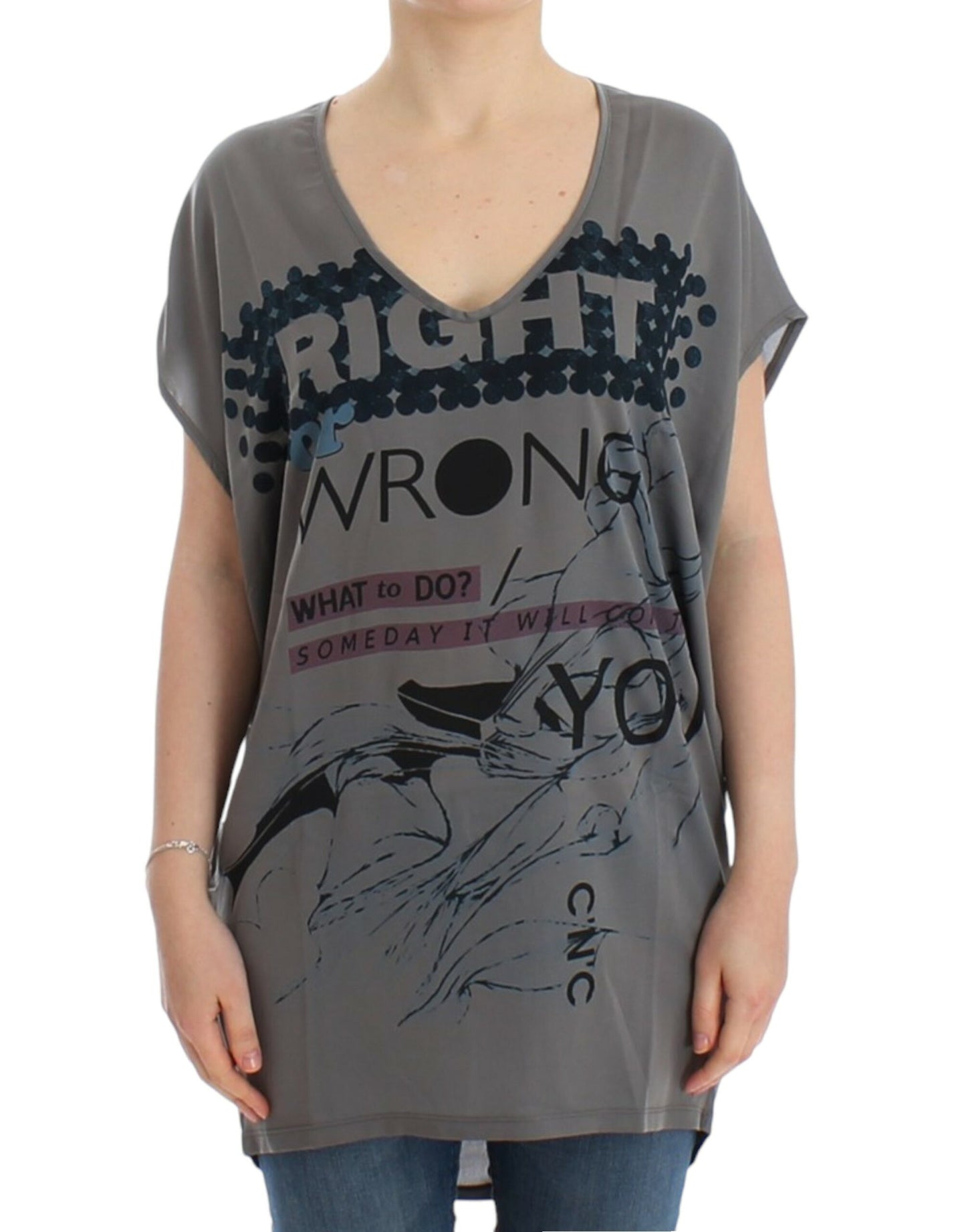 - Elegant V-Neck Tunic with Motive Print
