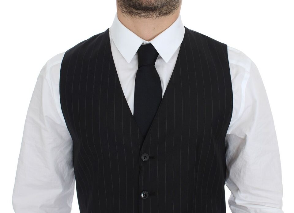 - Chic Black Striped Wool Silk Dress Vest