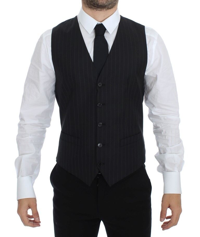 - Chic Black Striped Wool Silk Dress Vest