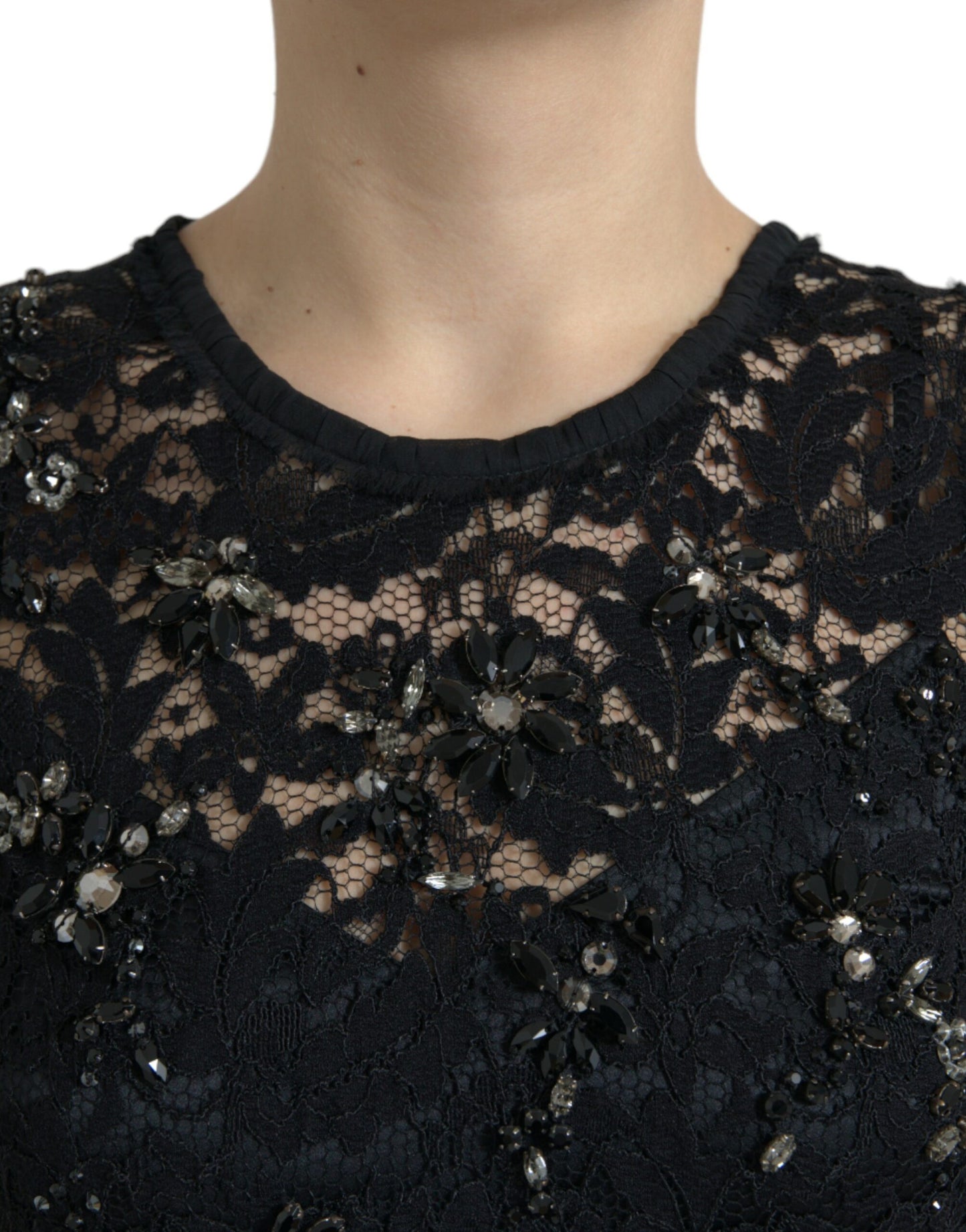 - Exquisite Black Floral Lace Crystal Sheath Dress