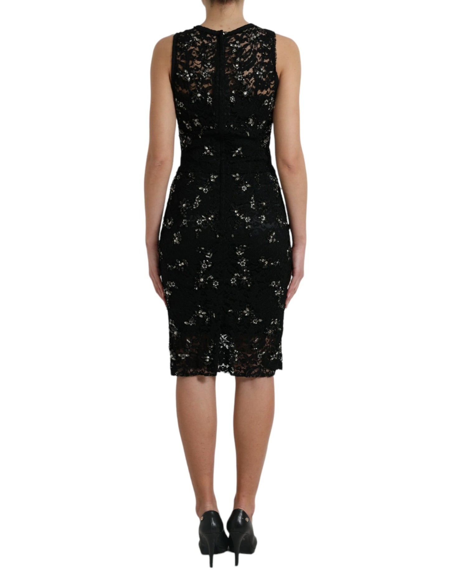 - Exquisite Black Floral Lace Crystal Sheath Dress