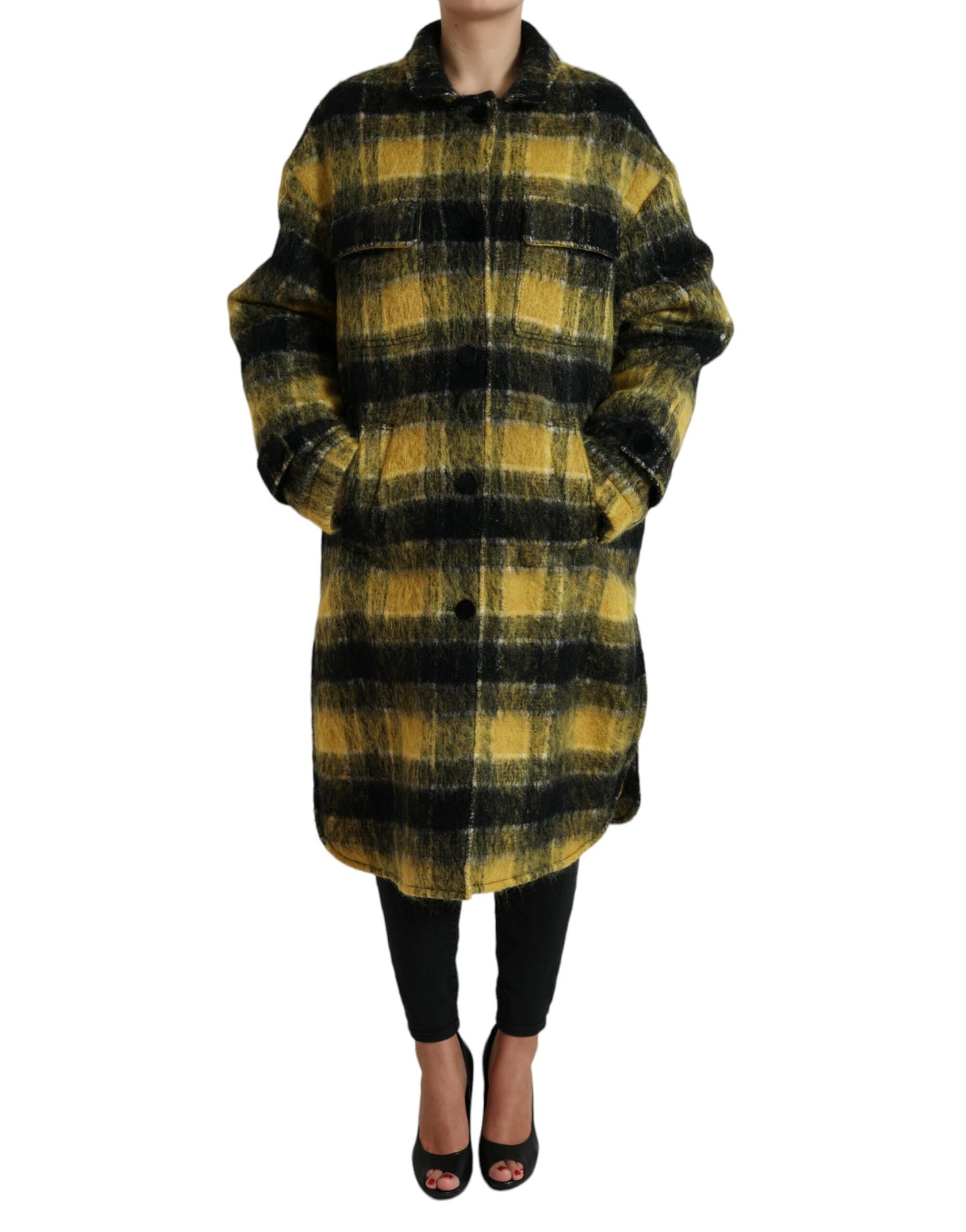 - Chic Plaid Long Coat in Sunshine Yellow