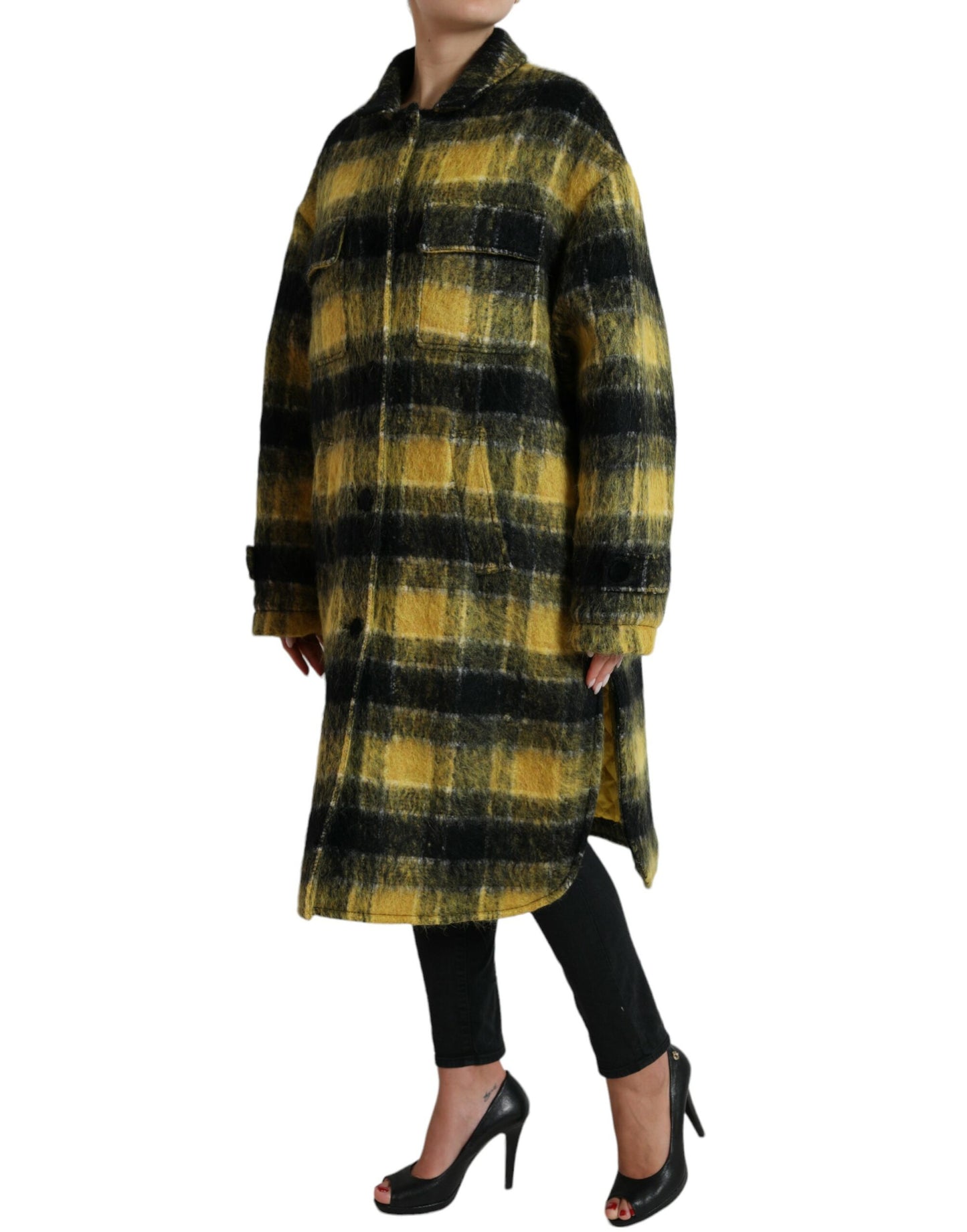 - Chic Plaid Long Coat in Sunshine Yellow