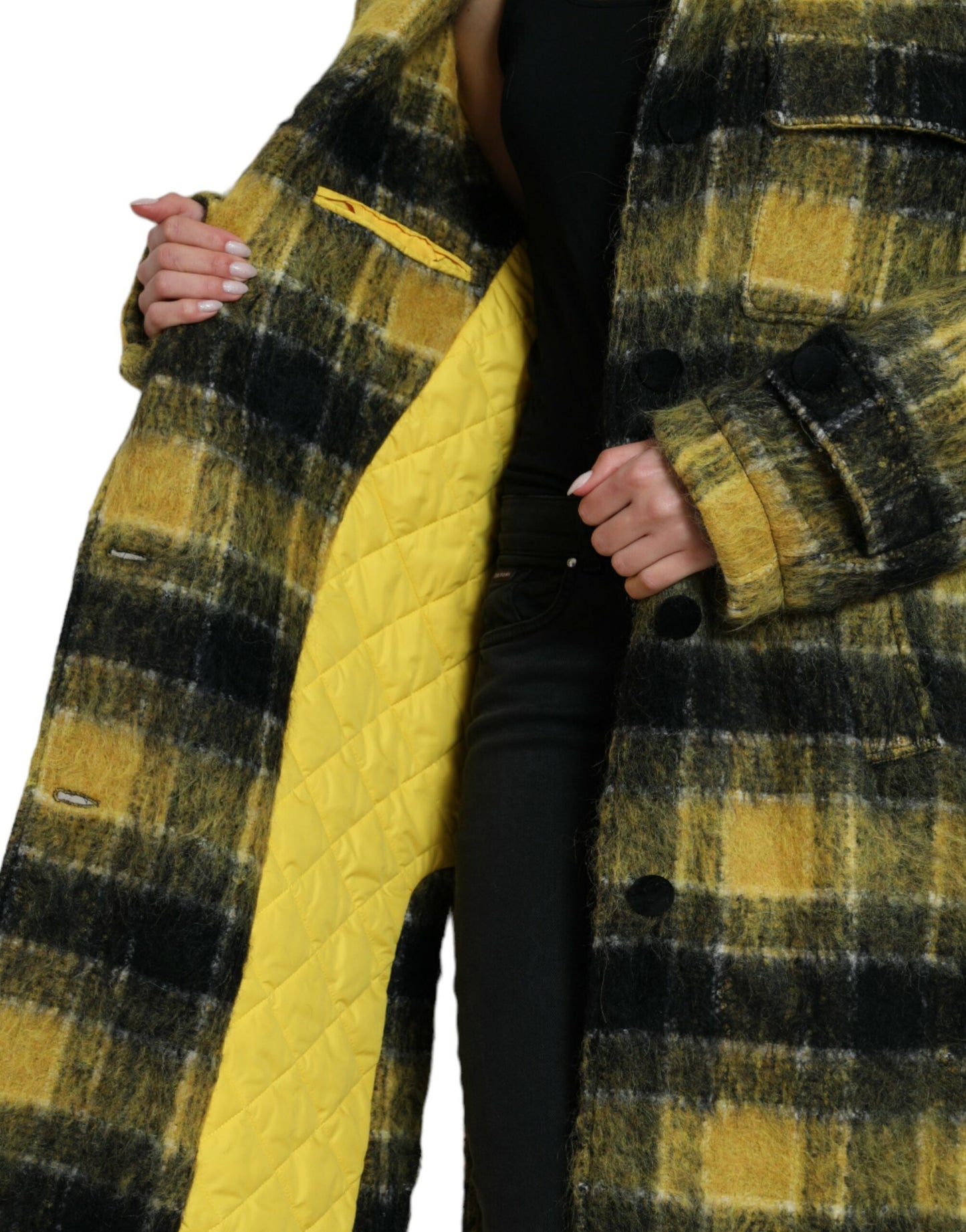 - Chic Plaid Long Coat in Sunshine Yellow
