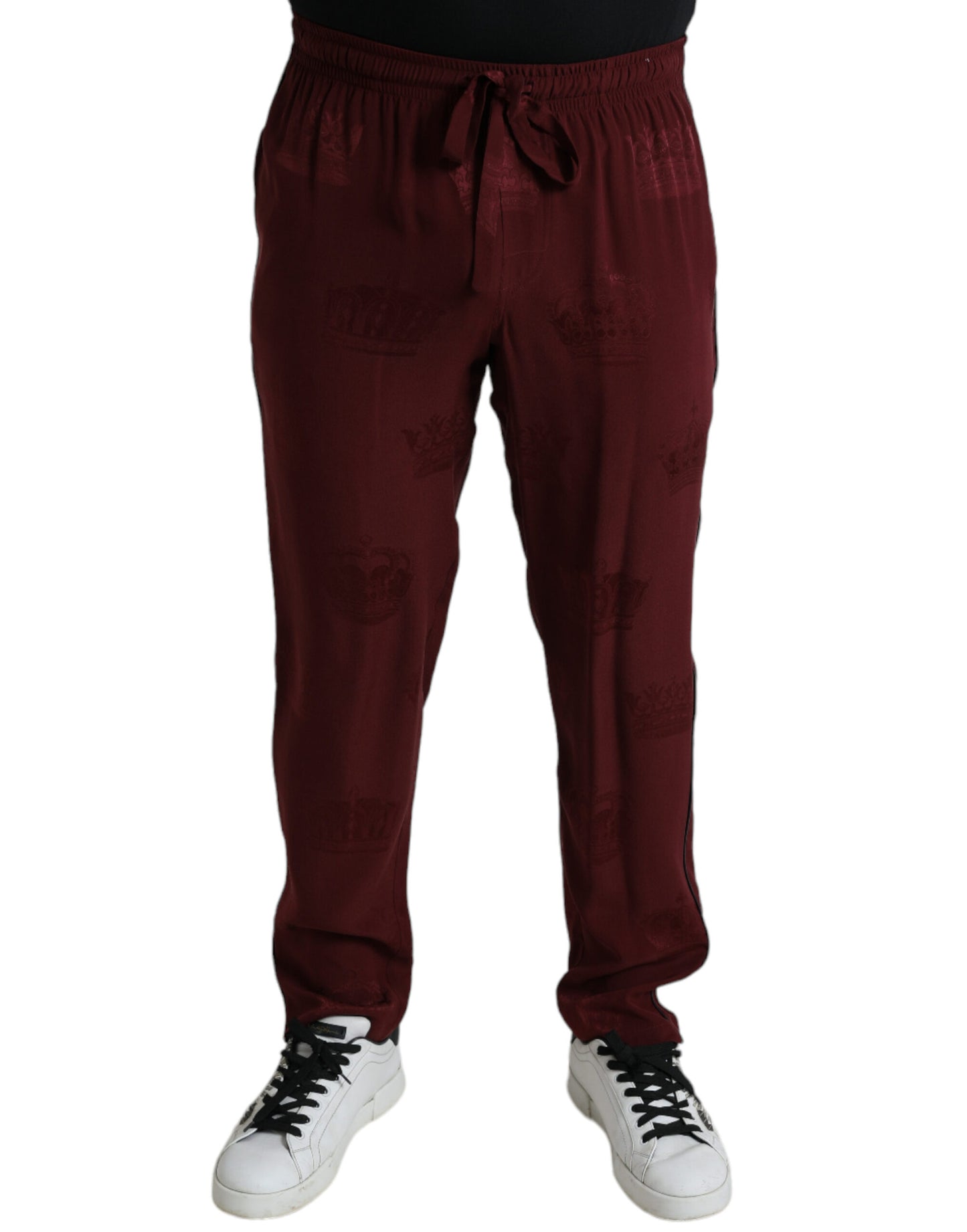 - Elegant Maroon Silk Pajama Pants with Crown Motif