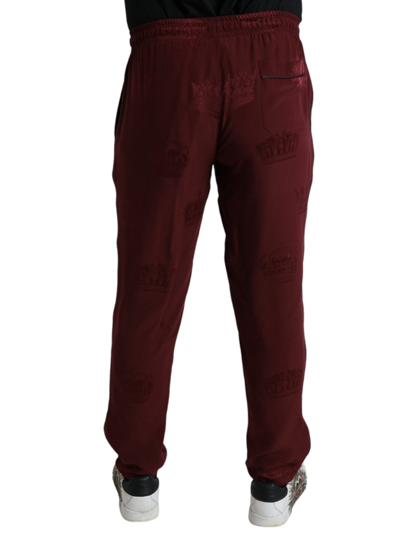 - Elegant Maroon Silk Pajama Pants with Crown Motif