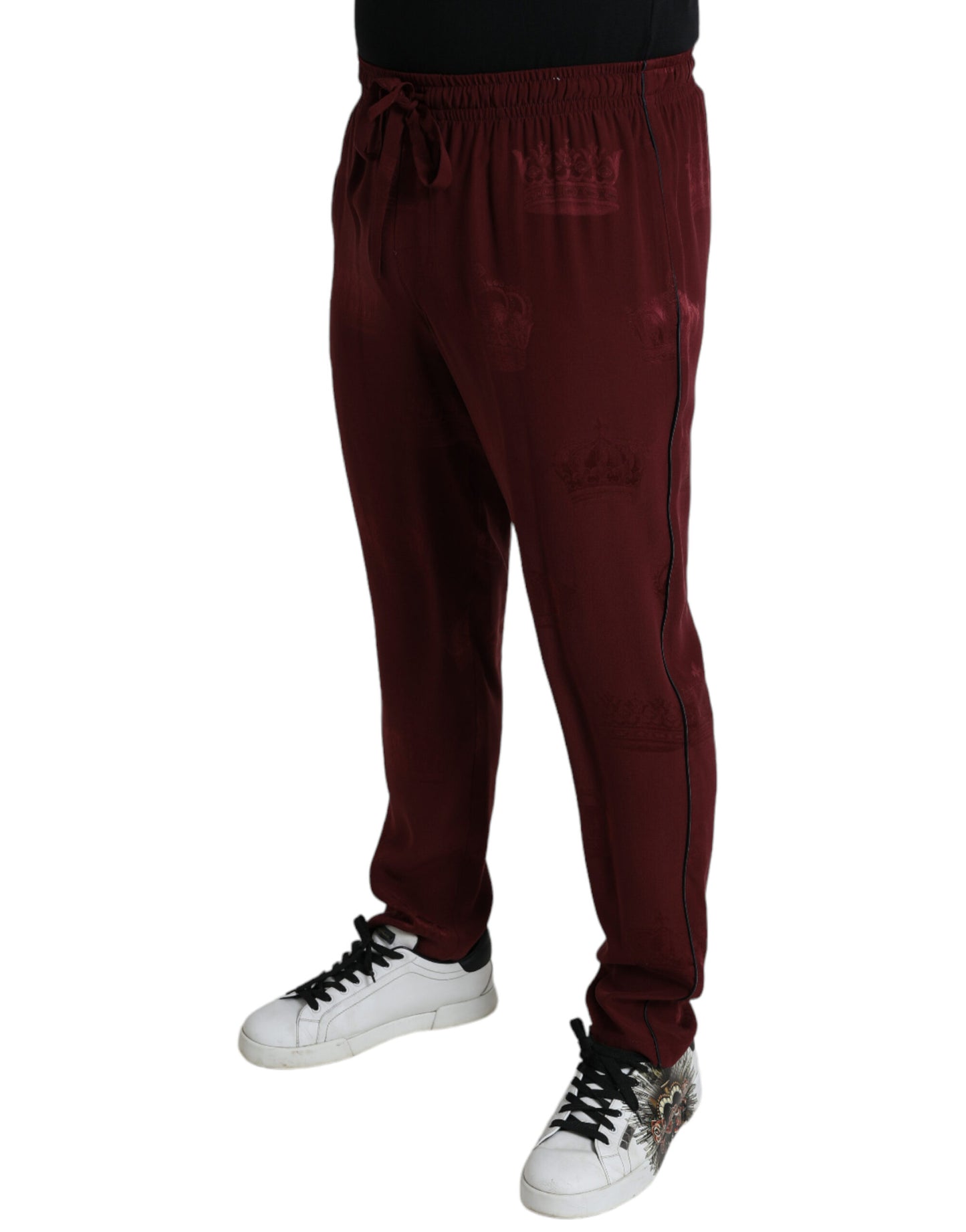 - Elegant Maroon Silk Pajama Pants with Crown Motif