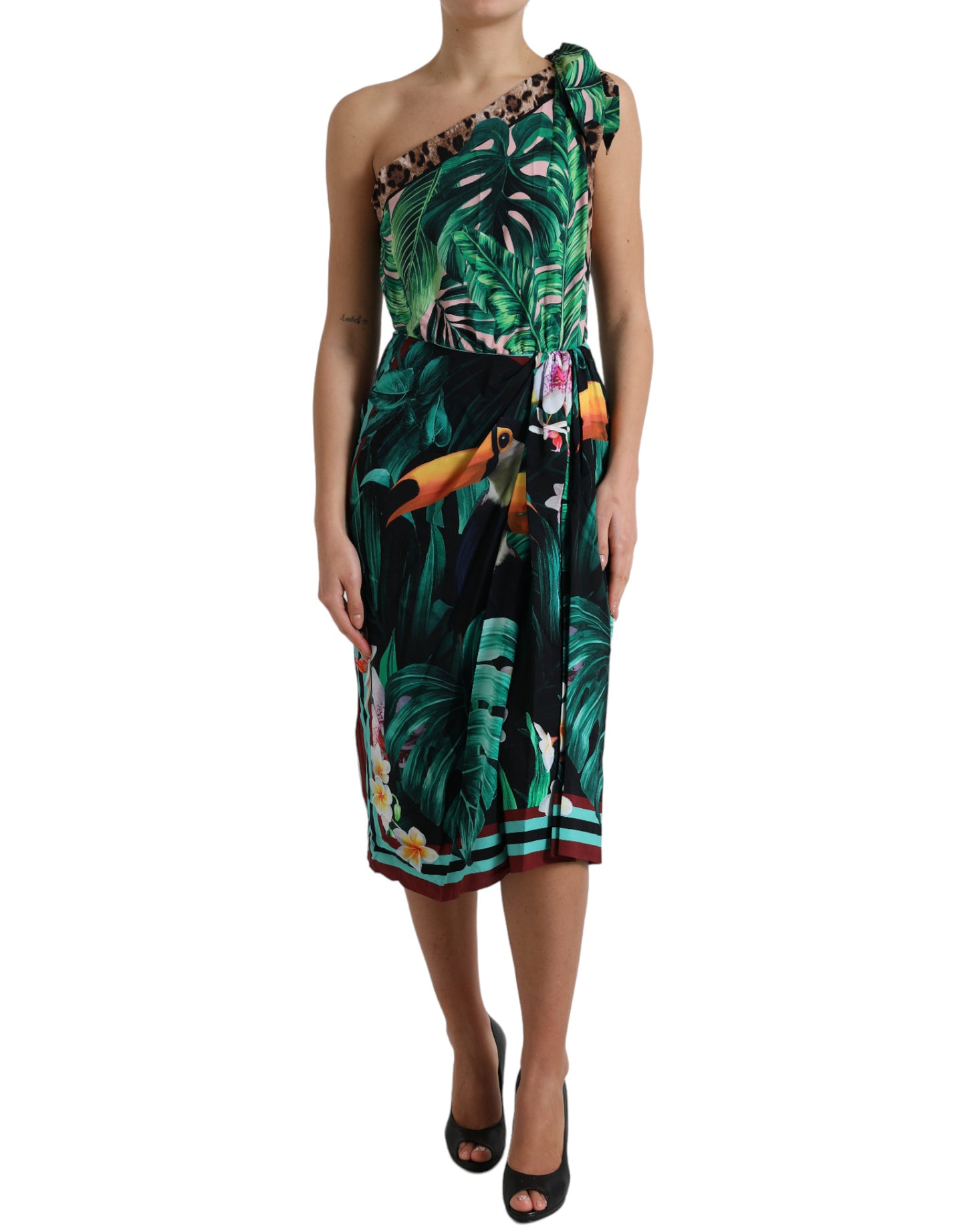 - Tropical Jungle Print One-Shoulder Dress