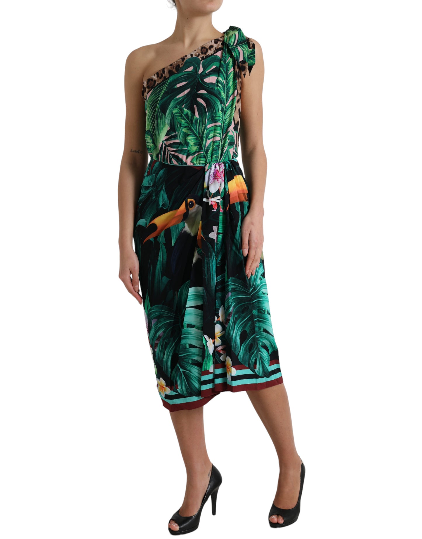 - Tropical Jungle Print One-Shoulder Dress