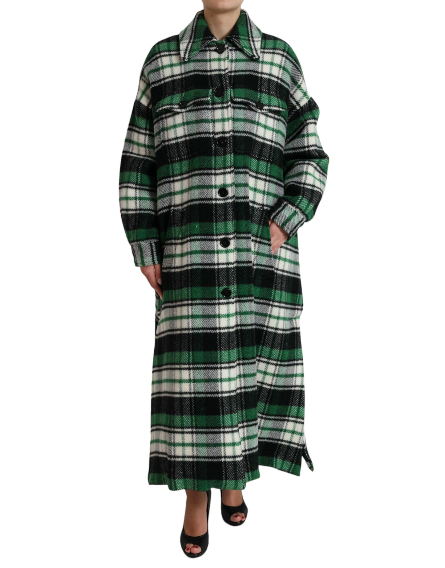- Elegant Green Plaid Long Coat