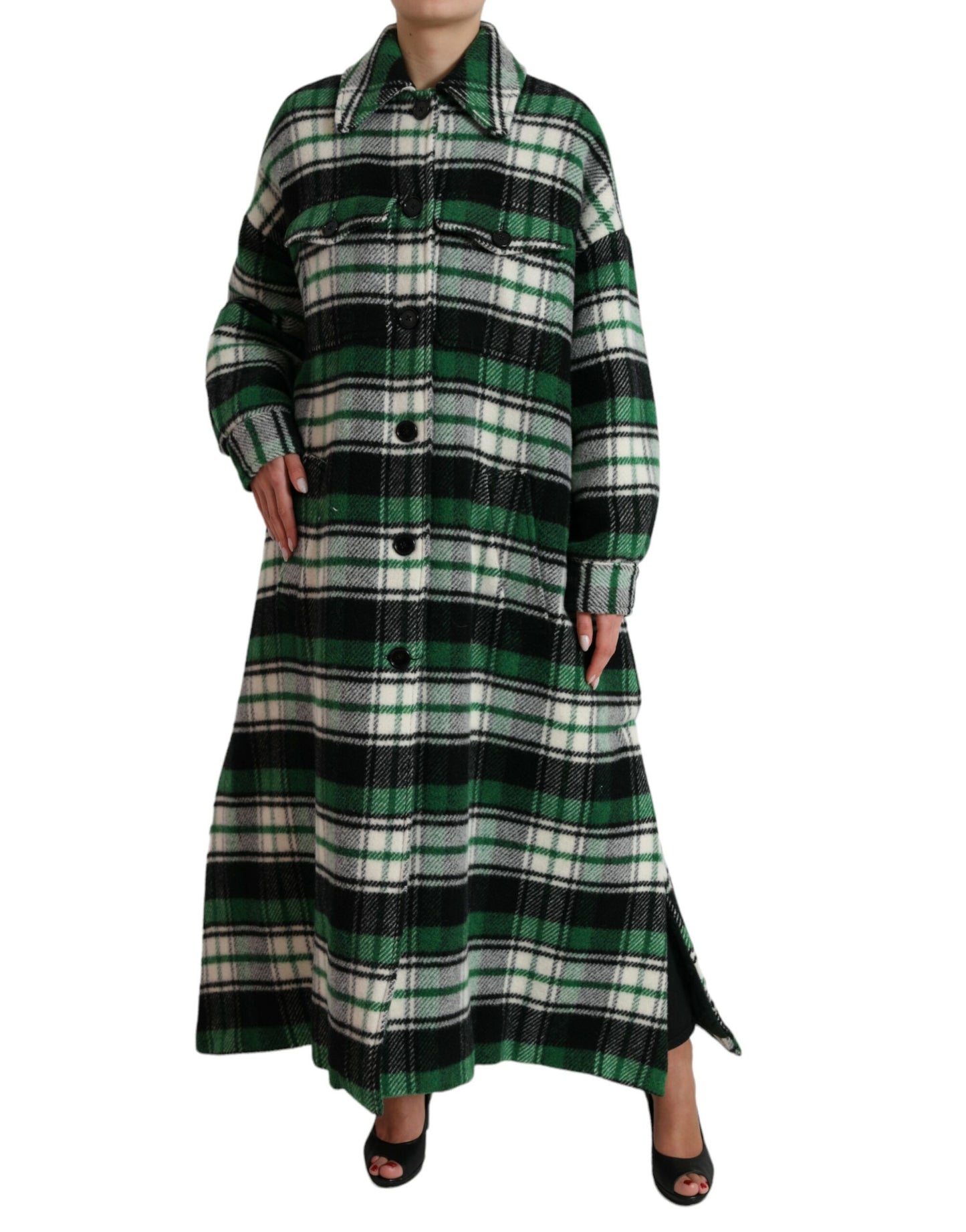 - Elegant Green Plaid Long Coat