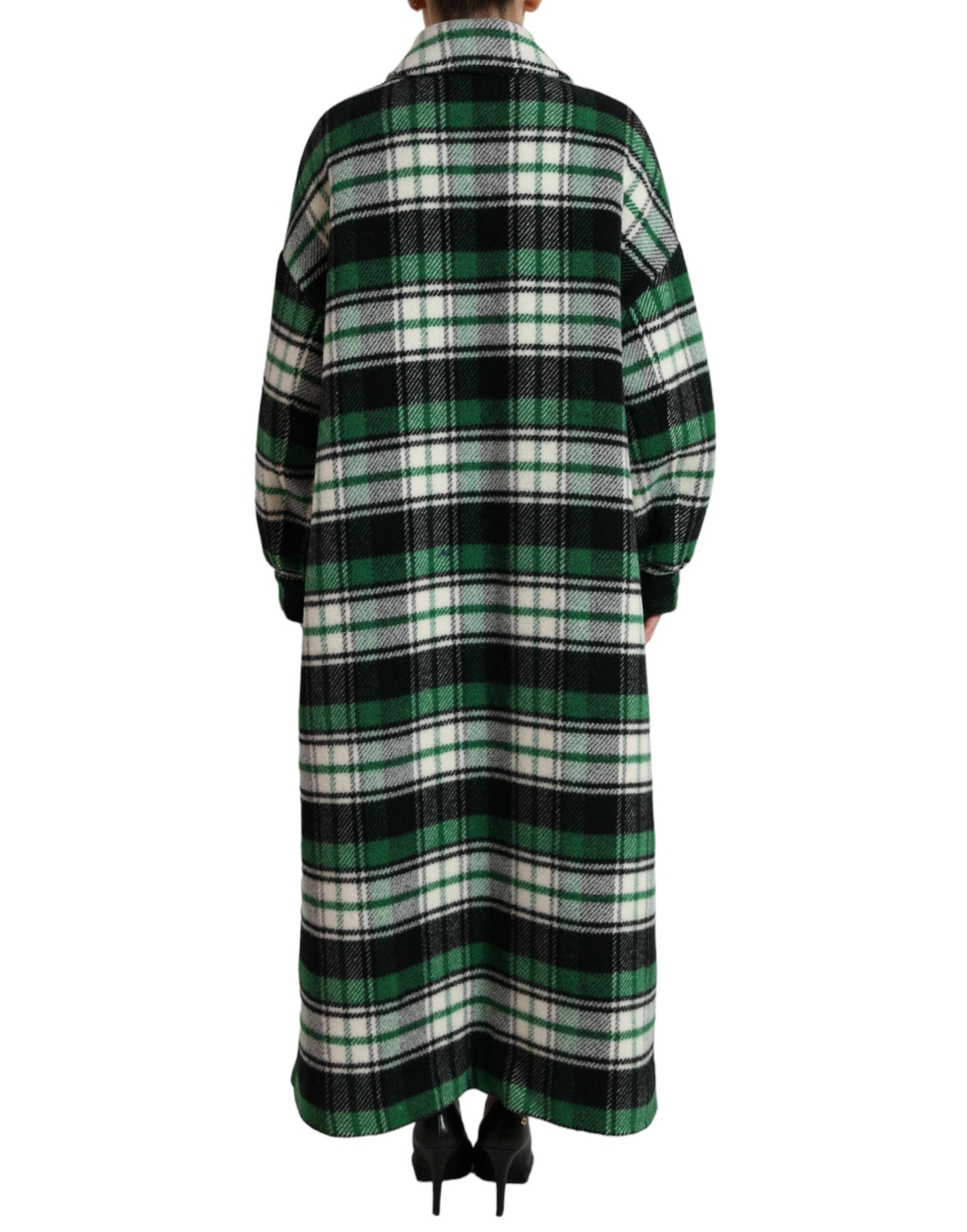 - Elegant Green Plaid Long Coat