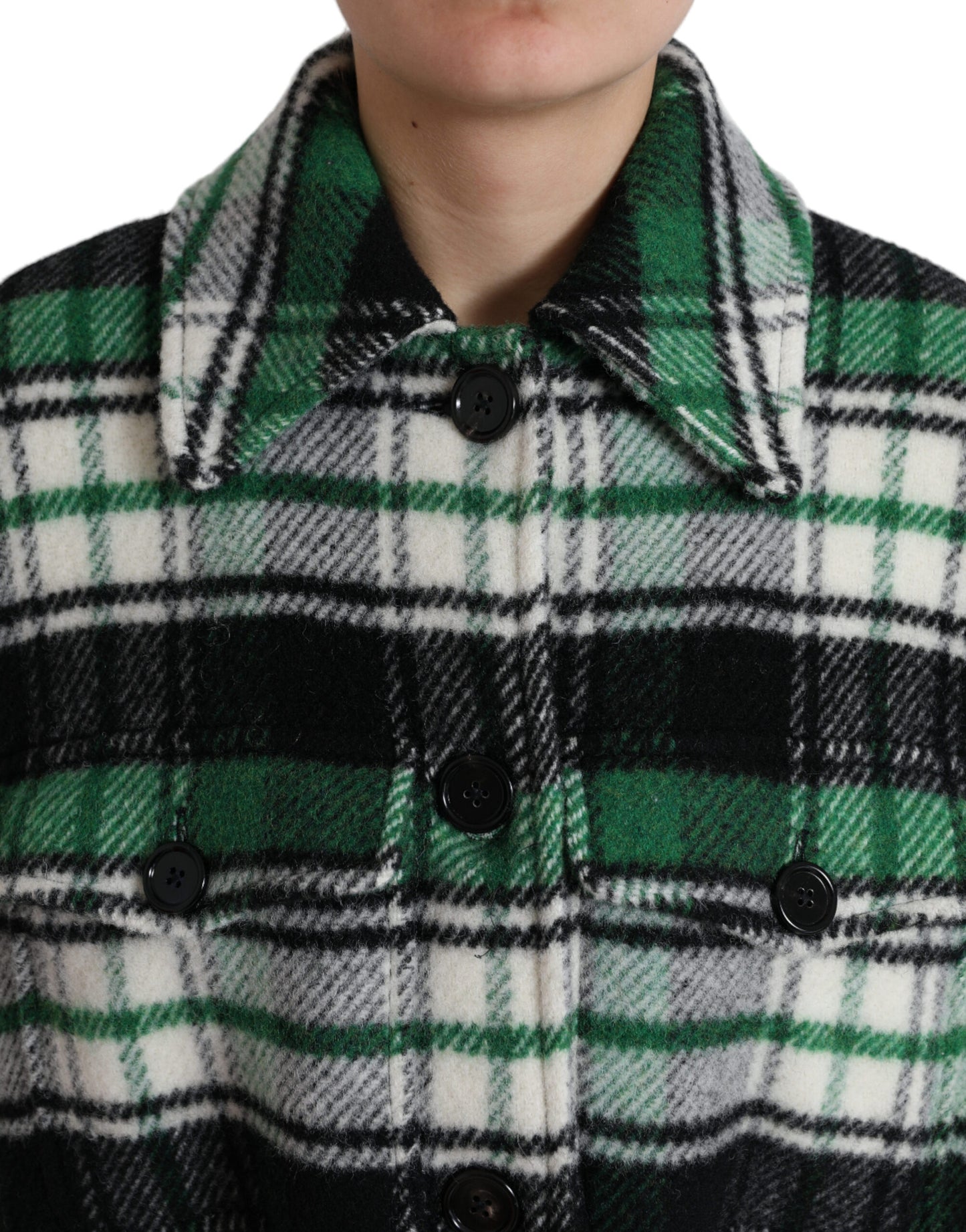 - Elegant Green Plaid Long Coat
