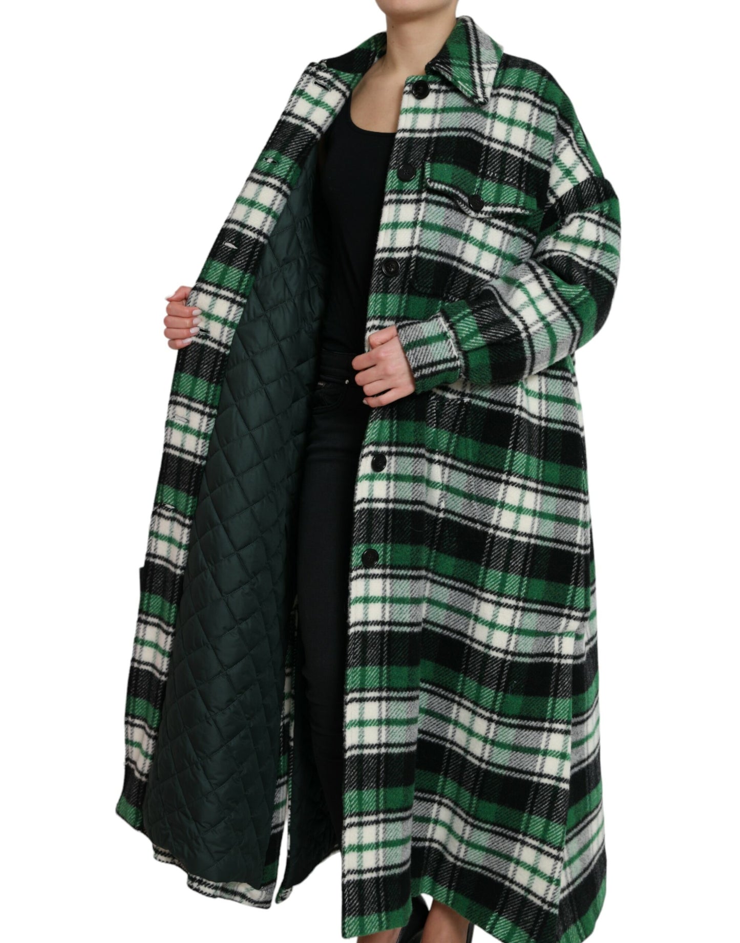 - Elegant Green Plaid Long Coat
