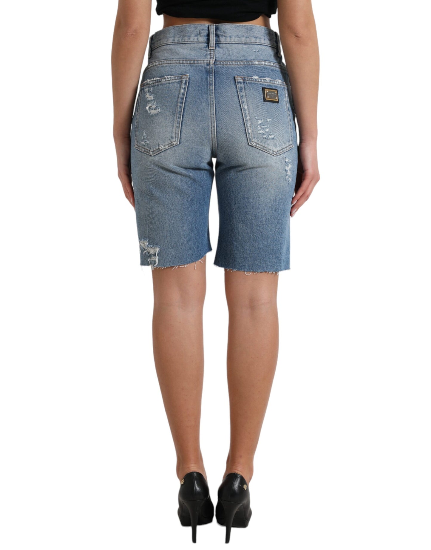 - High Waist Embellished Bermuda Denim Shorts