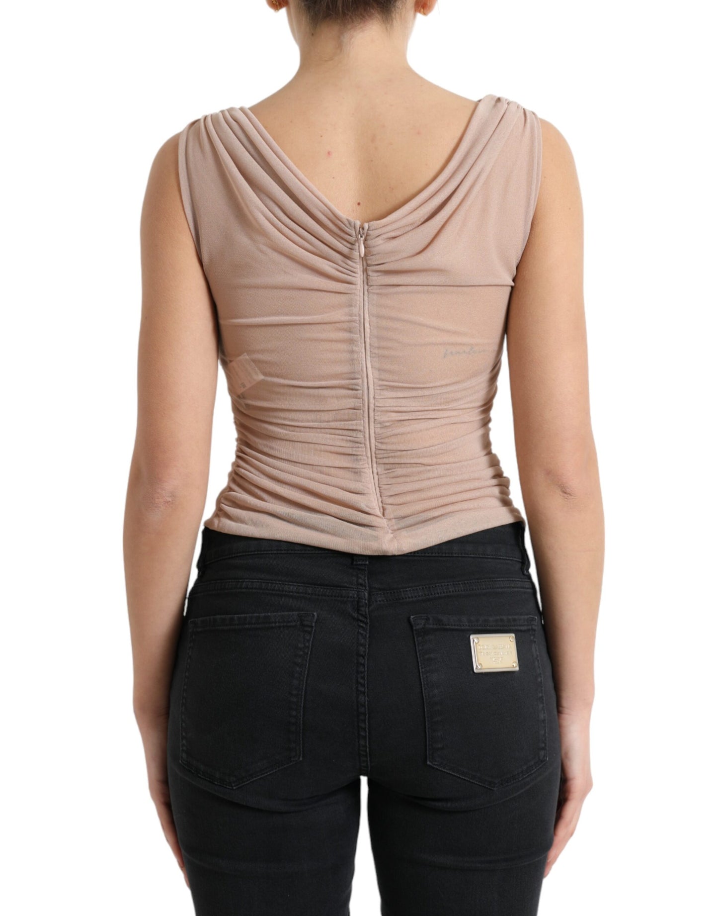 - Elegant Beige V-Neck Sleeveless Sheer Tank Top