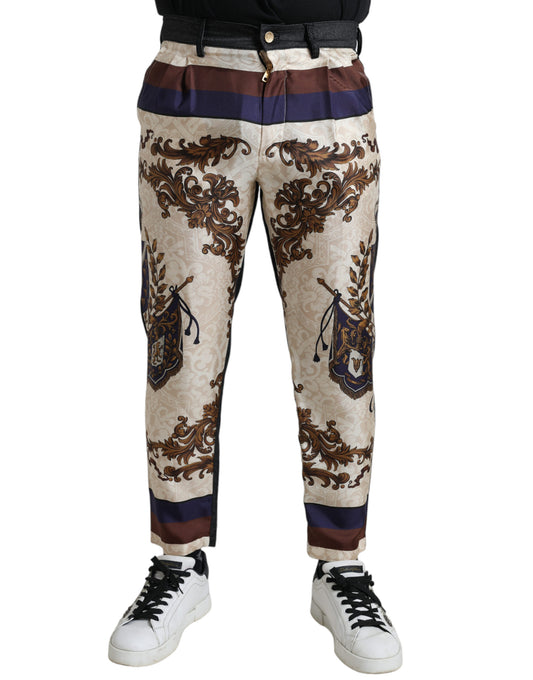 - Elegant Silk Skinny Pants with Heraldic Print