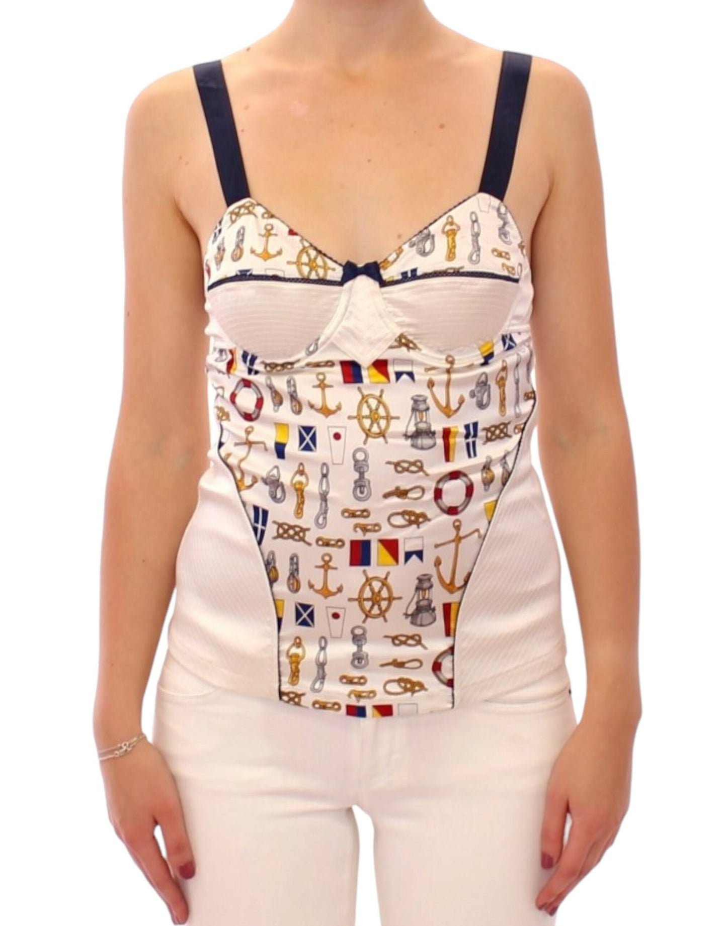 - White Sailor Motif Stretch Tank Top