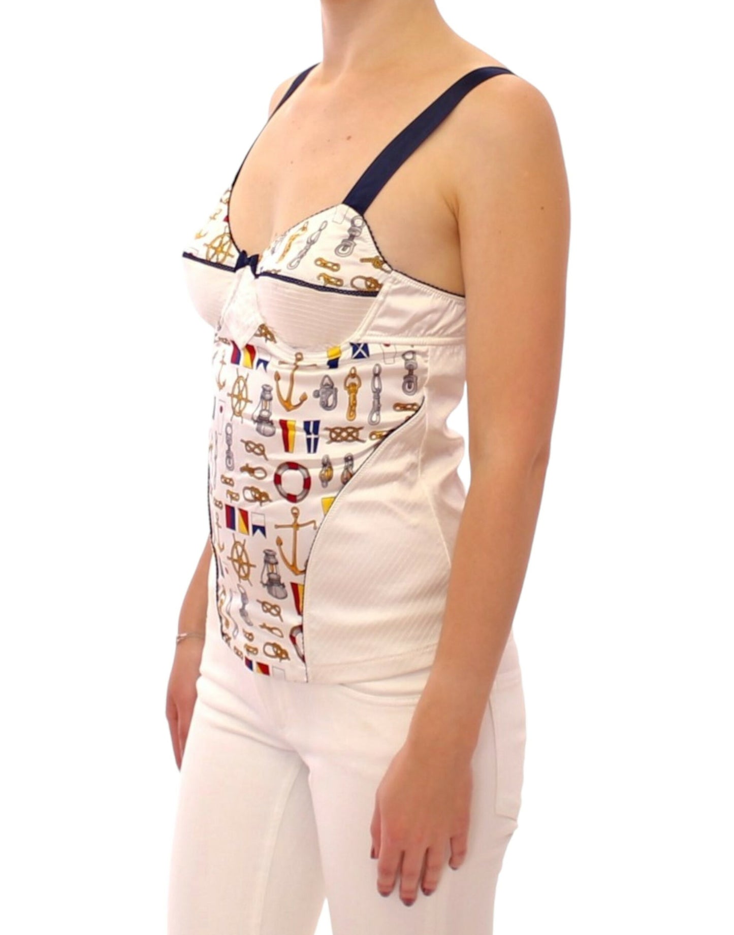 - White Sailor Motif Stretch Tank Top