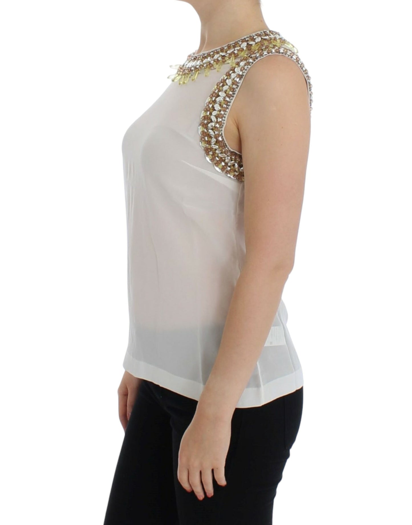 - Elegant Sleeveless Silk Blouse with Crystal Embellishment