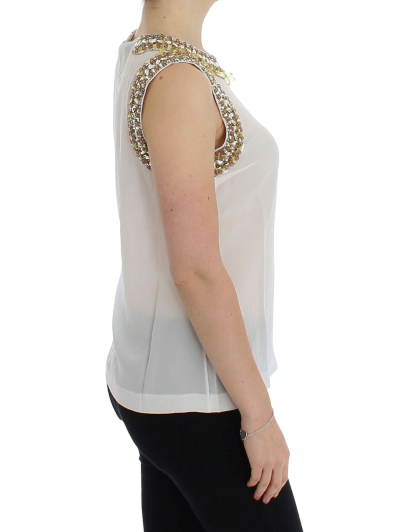 - Elegant Sleeveless Silk Blouse with Crystal Embellishment