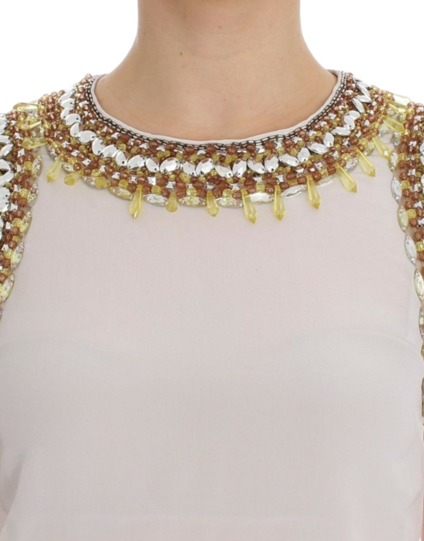 - Elegant Sleeveless Silk Blouse with Crystal Embellishment