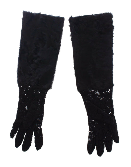 - Black Wool Lace & Lamb Fur Elbow Gloves