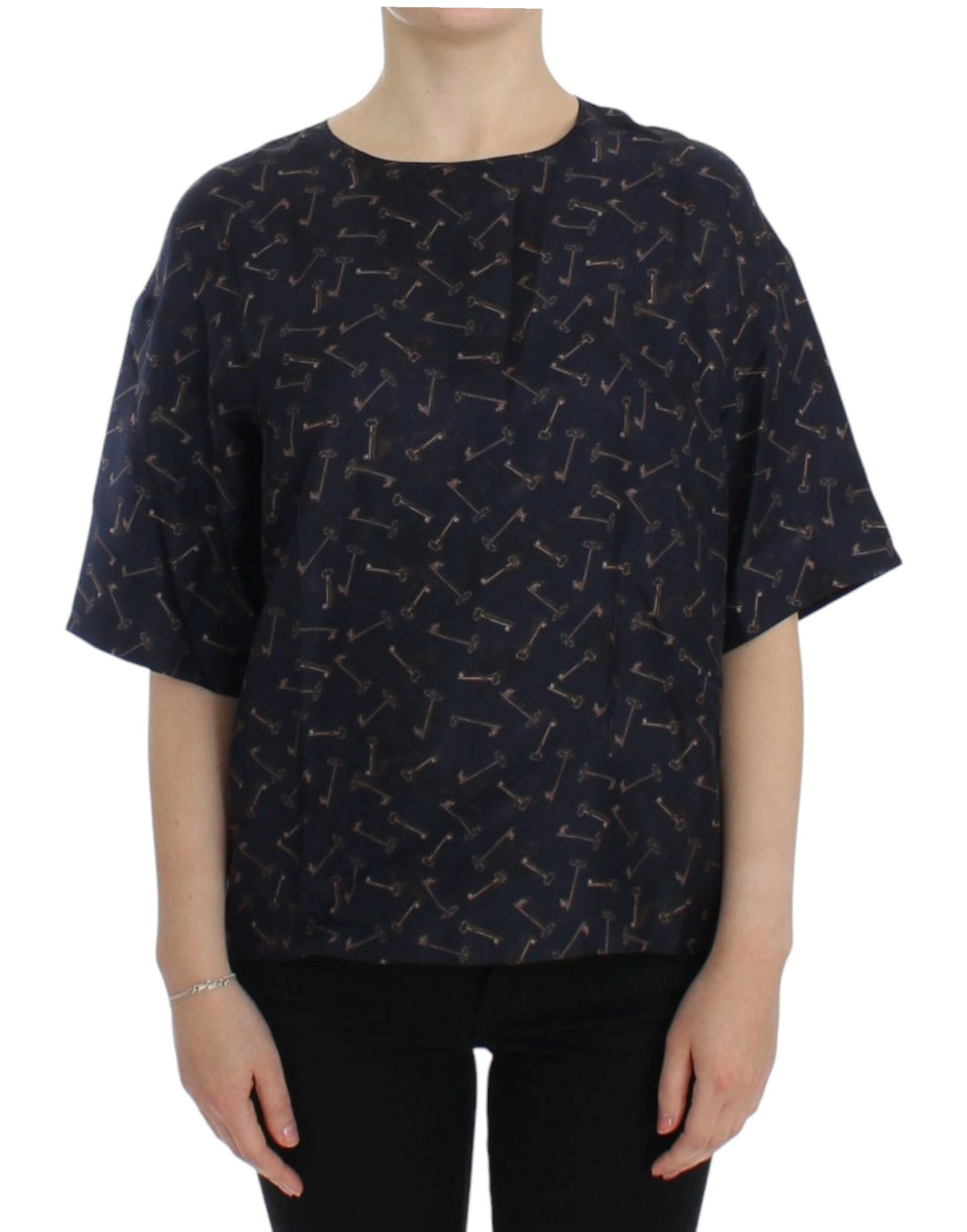 - Enchanted Sicily Silk Blouse with Gold Keys Print