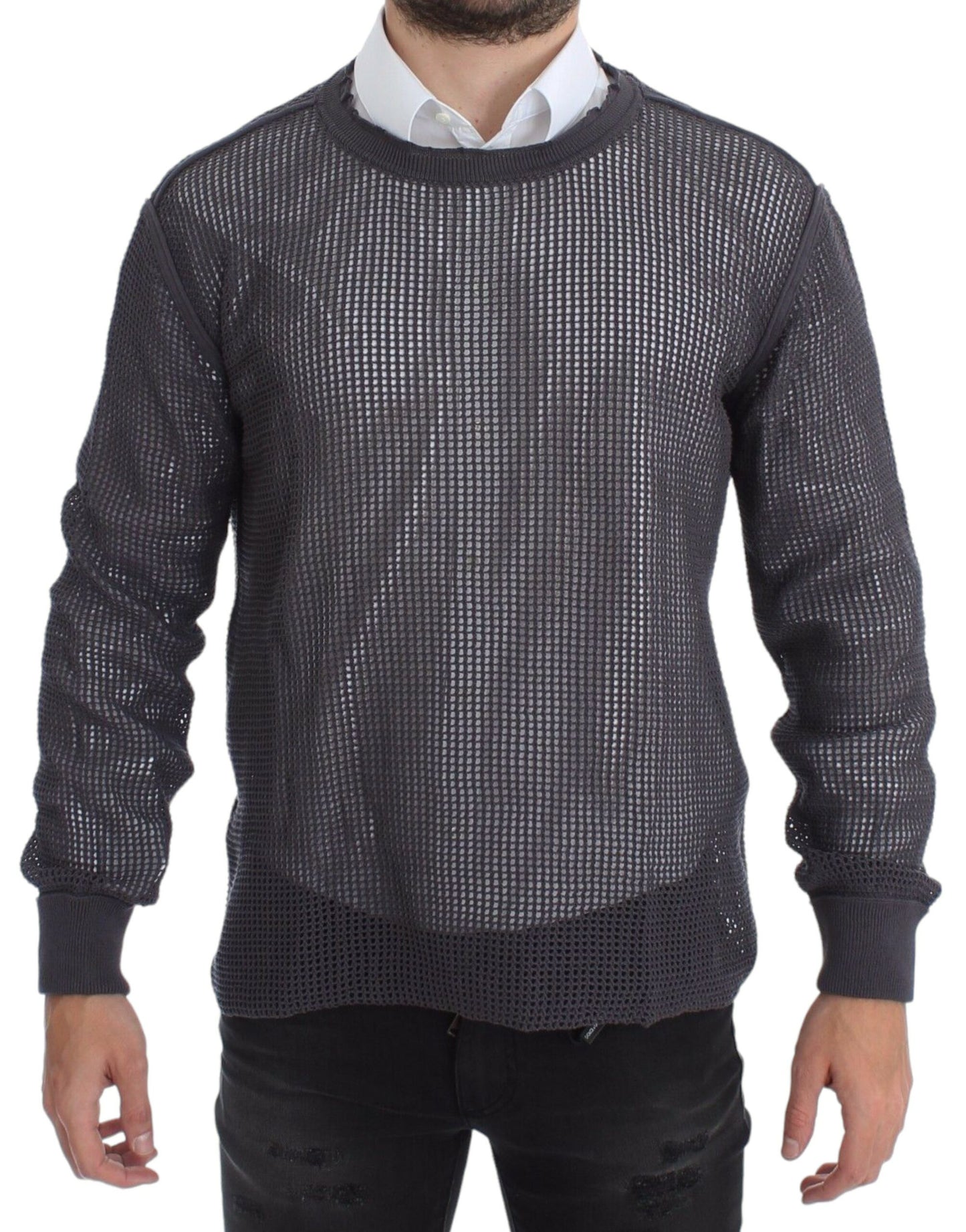 - Elegant Crew-Neck Netted Sweater in Light Purple