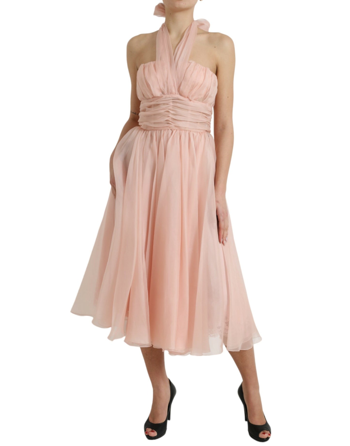 - Elegant Silk Chiffon Halter Midi Dress