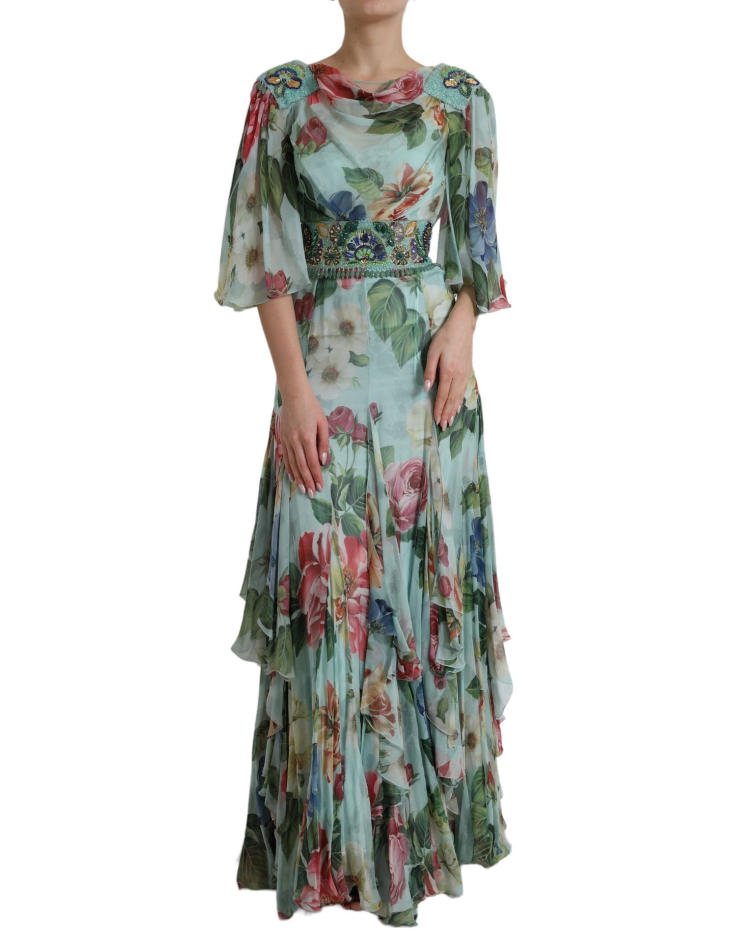 - Elegant Floral Silk Long Dress