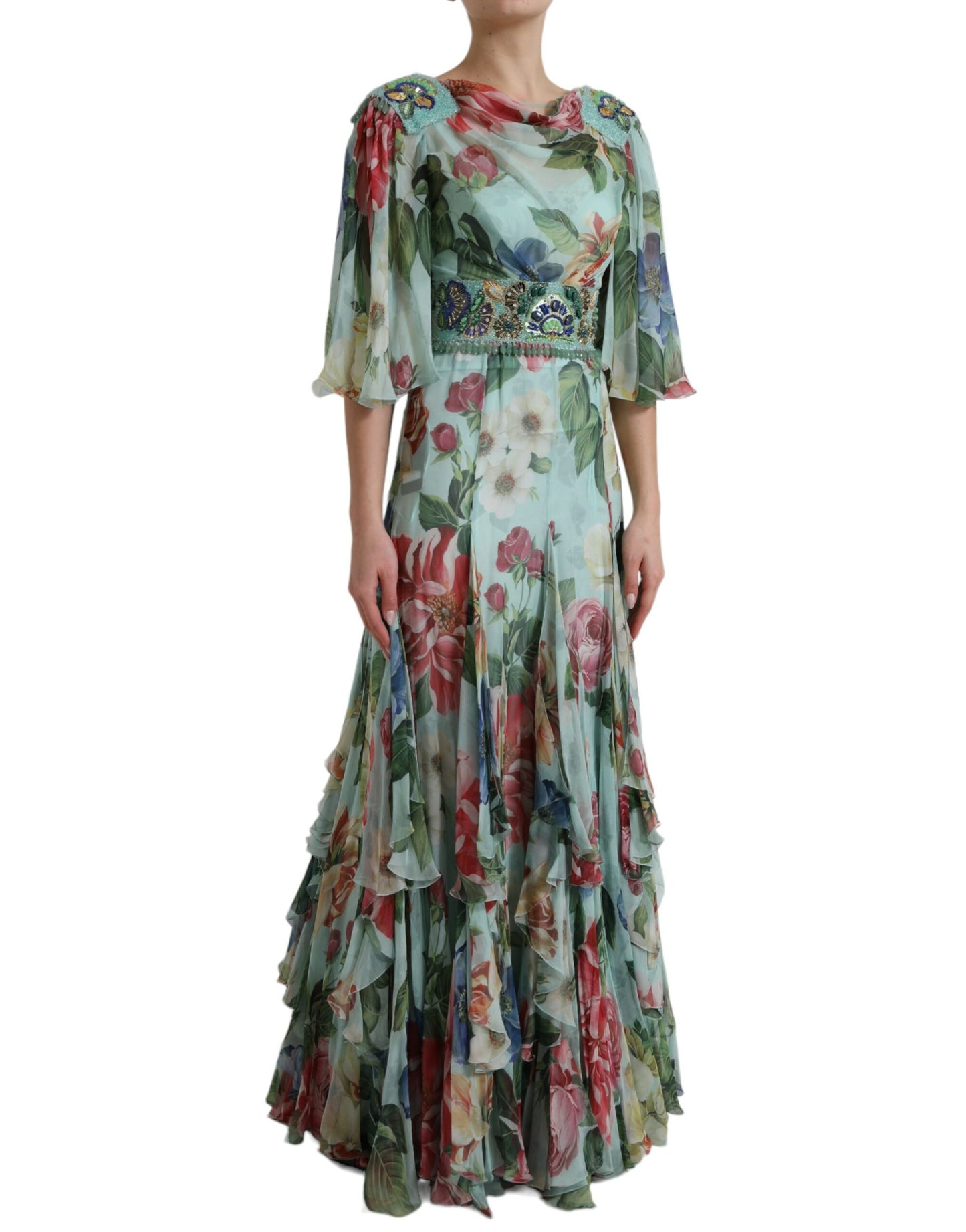 - Elegant Floral Silk Long Dress