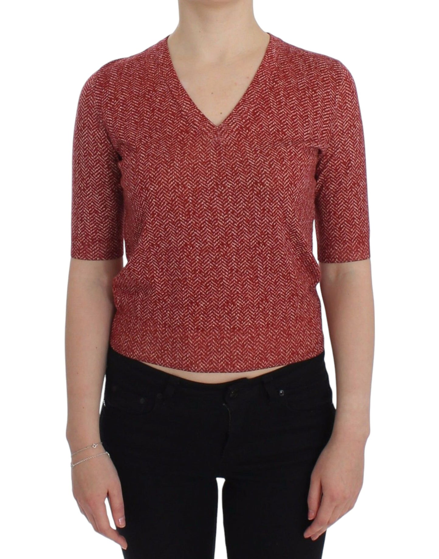 - Enchanting Red Tweed V-Neck Sweater