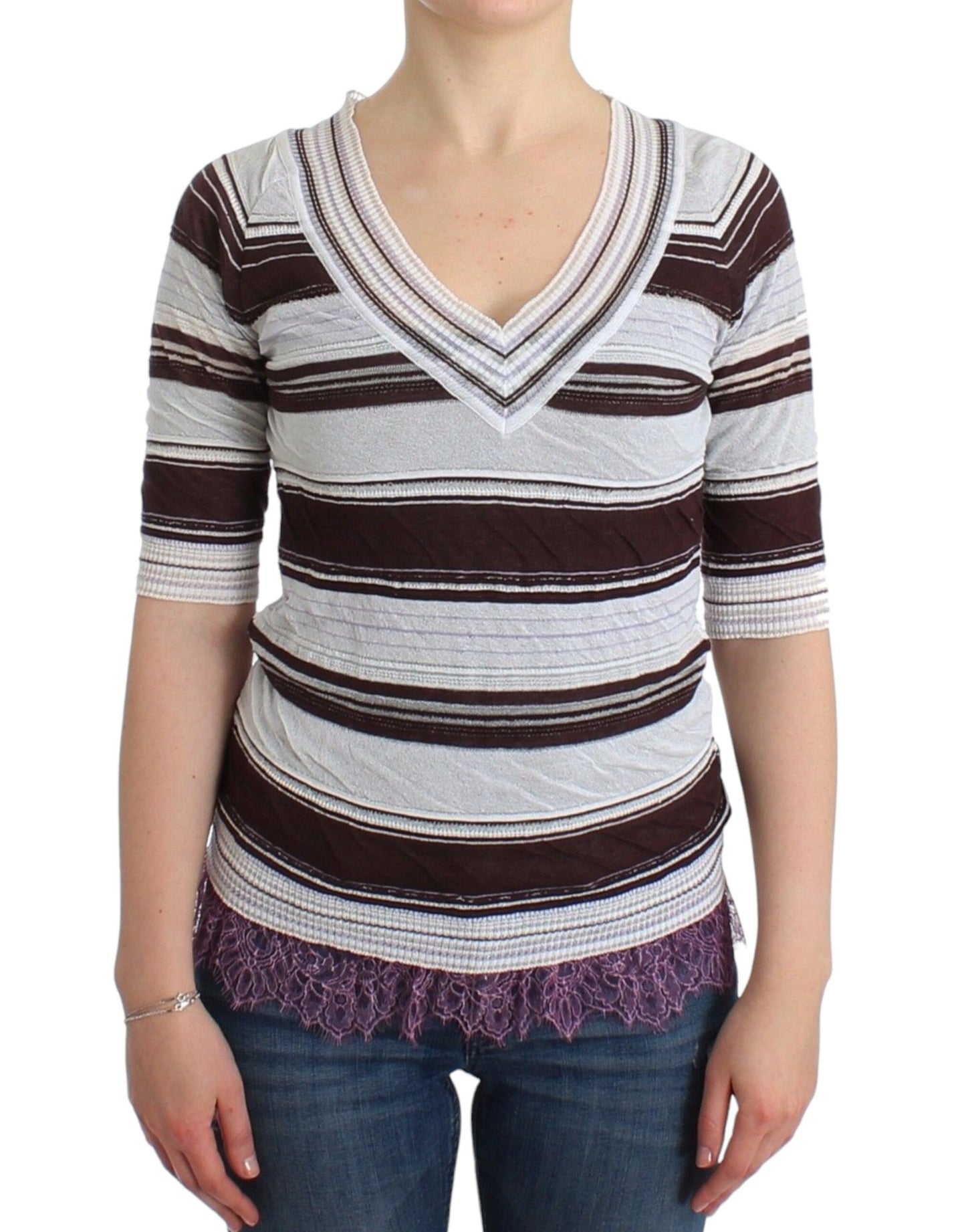 - Striped V-Neck Knit Top with Lace Hem