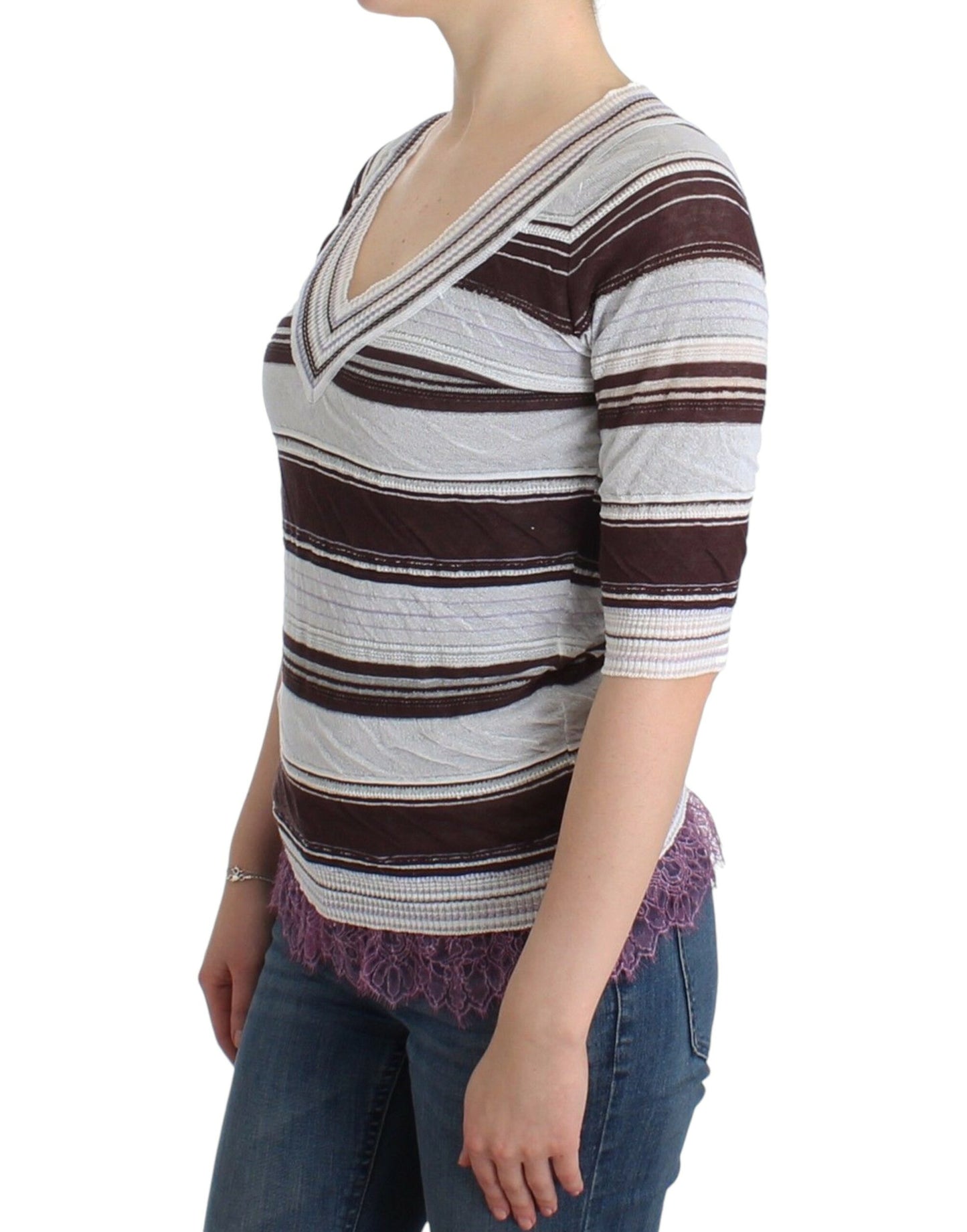- Striped V-Neck Knit Top with Lace Hem
