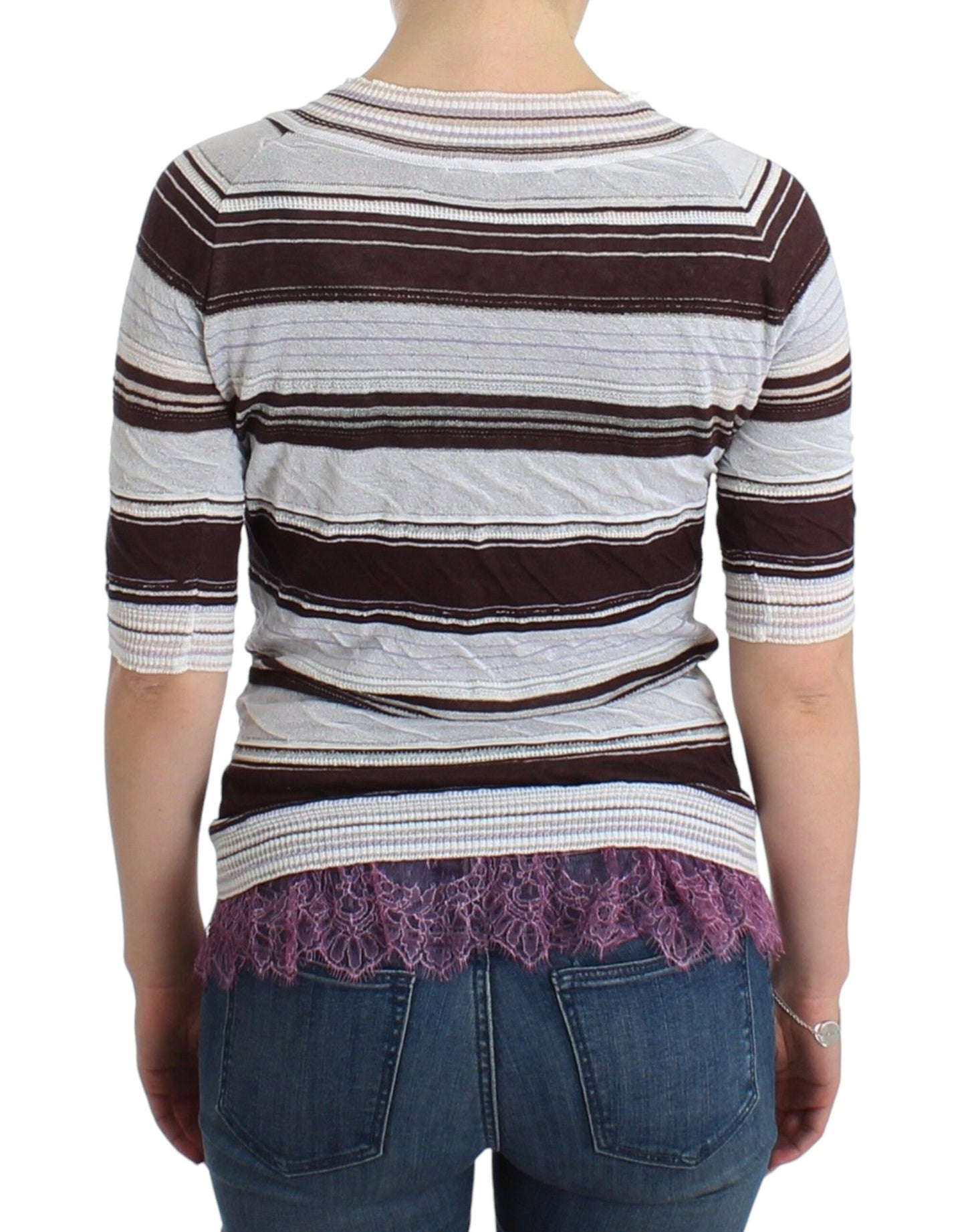 - Striped V-Neck Knit Top with Lace Hem