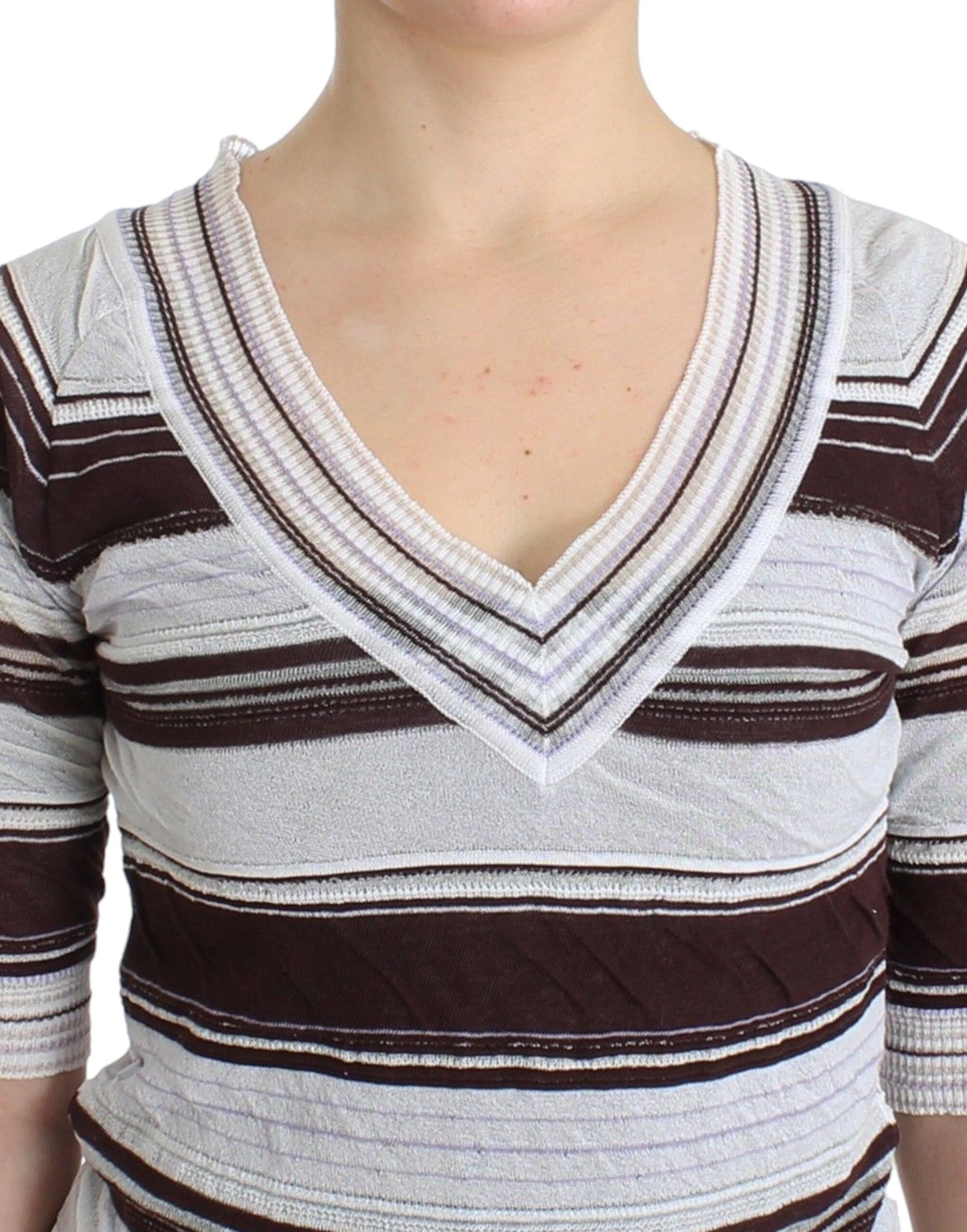 - Striped V-Neck Knit Top with Lace Hem