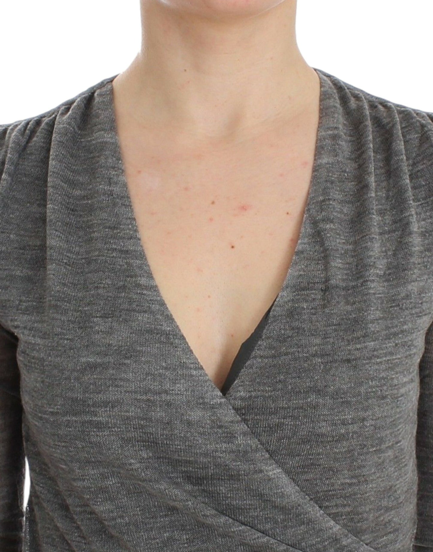- Elegant Gray Wool Blend Deep V-neck Sweater