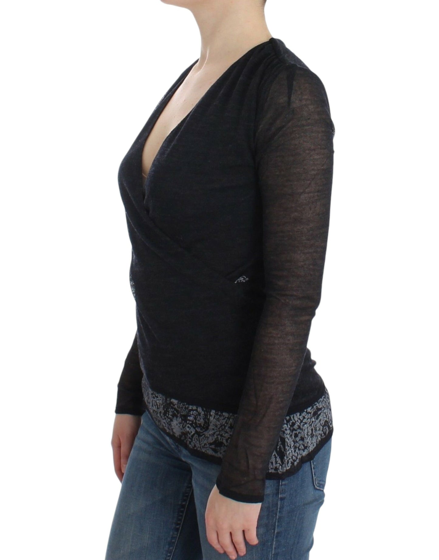 - Deep V-neck Black Wool Blend Sweater