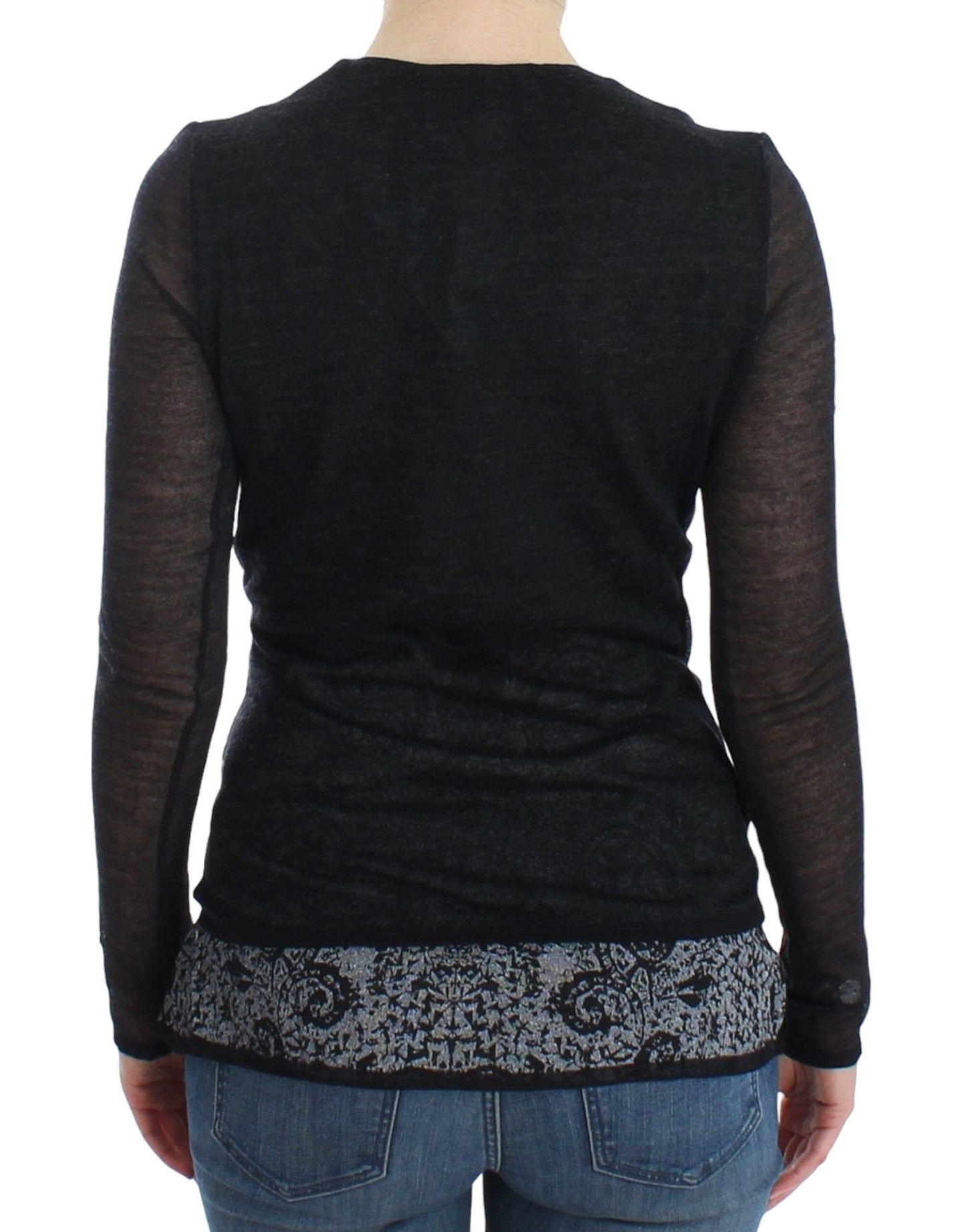 - Deep V-neck Black Wool Blend Sweater