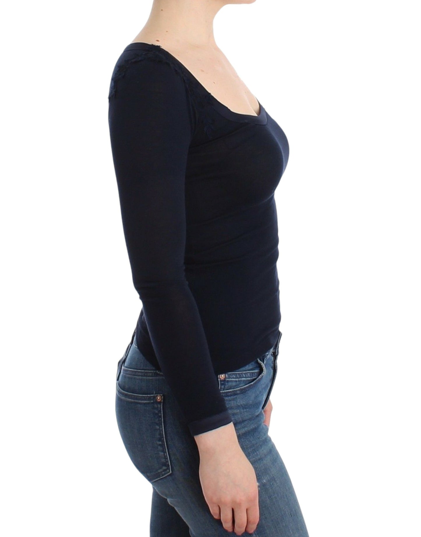 - Elegant Blue Long Sleeve Lace Top