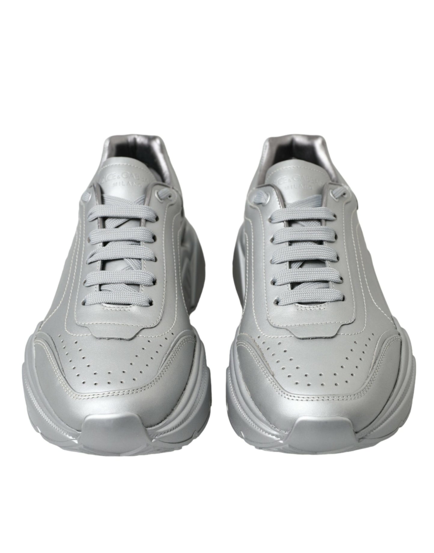 - Elegant Silver Calfskin Leather Sneakers