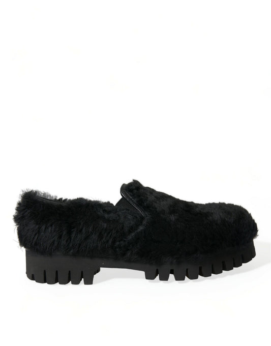 - Elegant Black Fur Slip On Loafers for Men