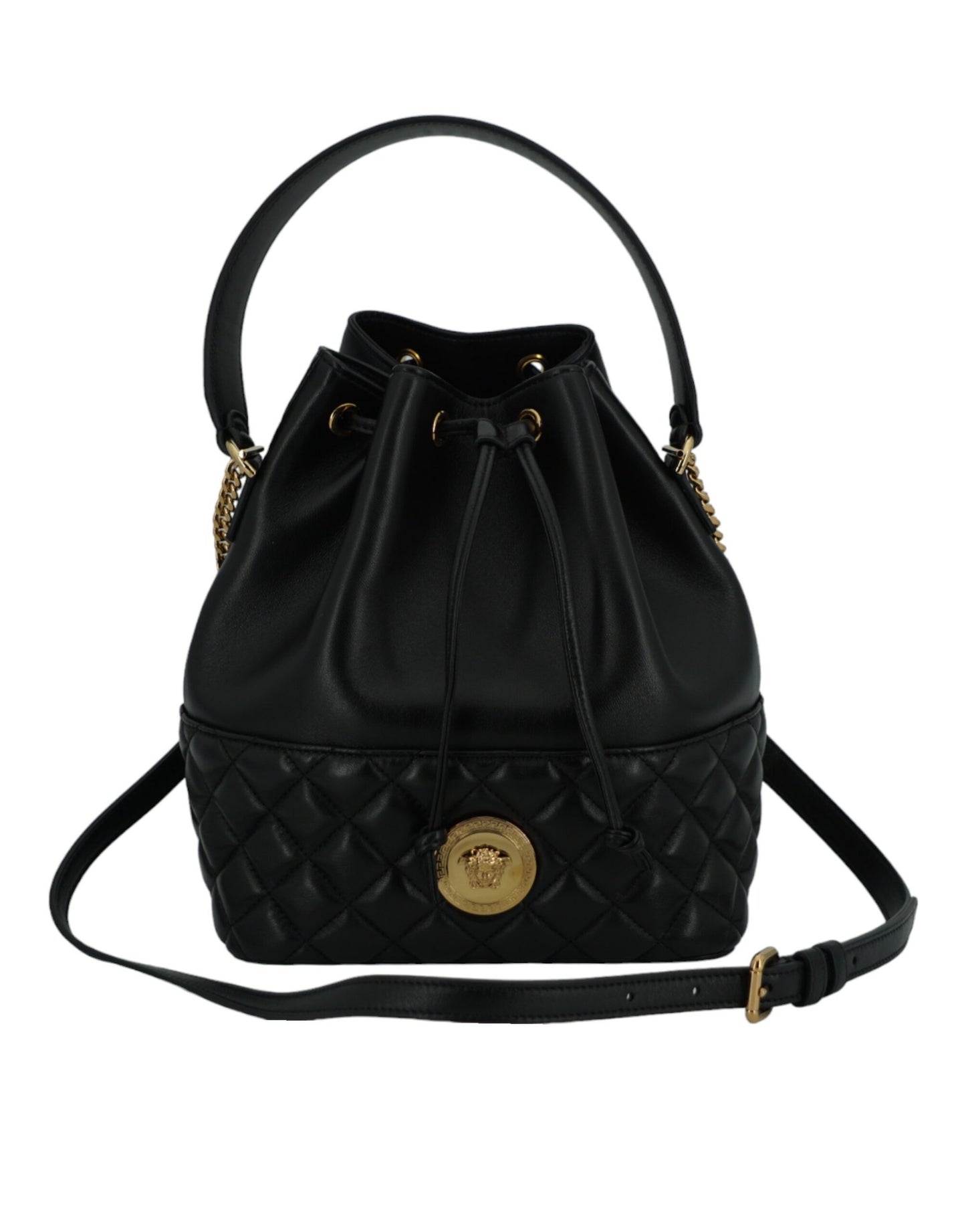 - Elegant Black Leather Medusa Bucket Shoulder Bag