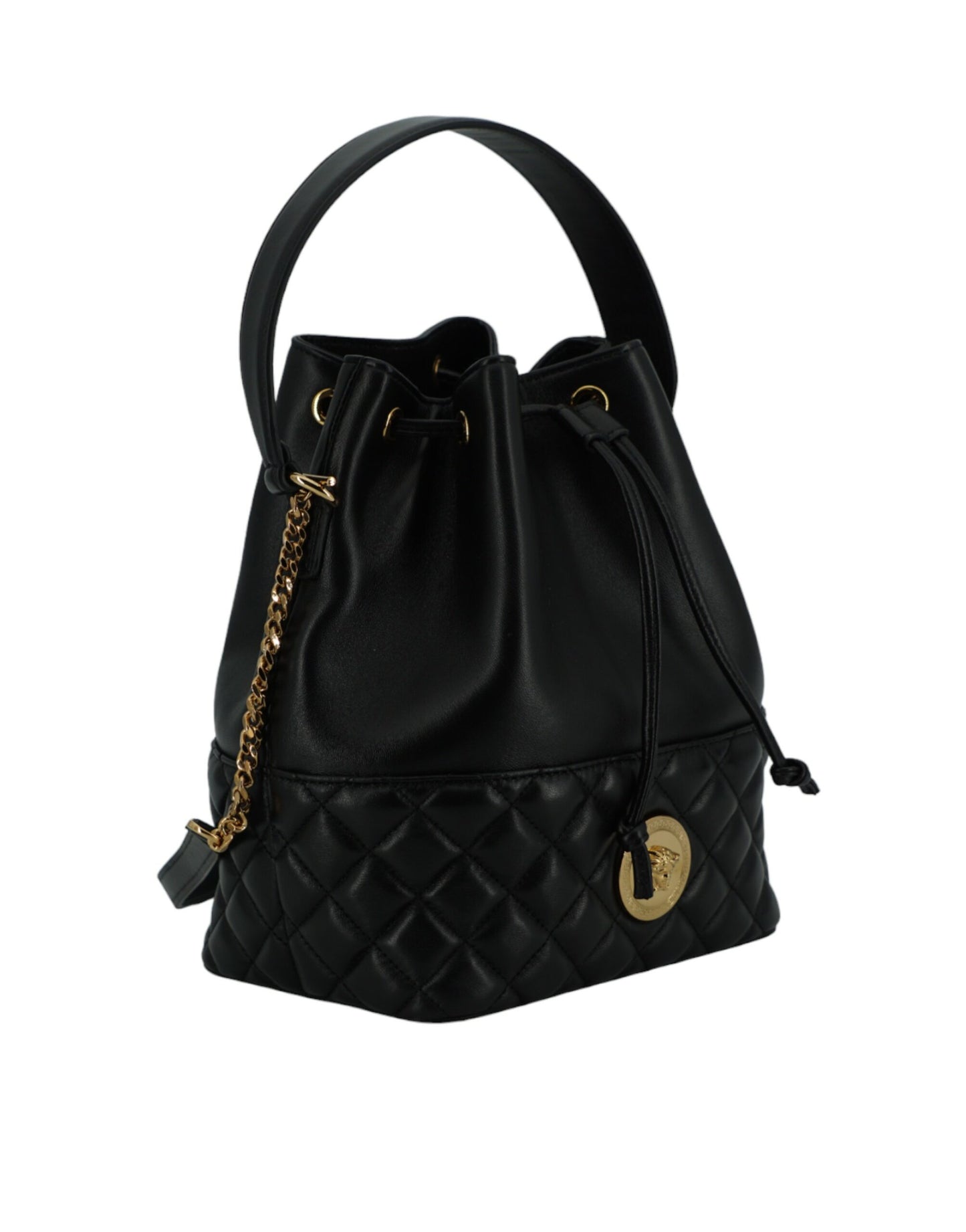 - Elegant Black Leather Medusa Bucket Shoulder Bag