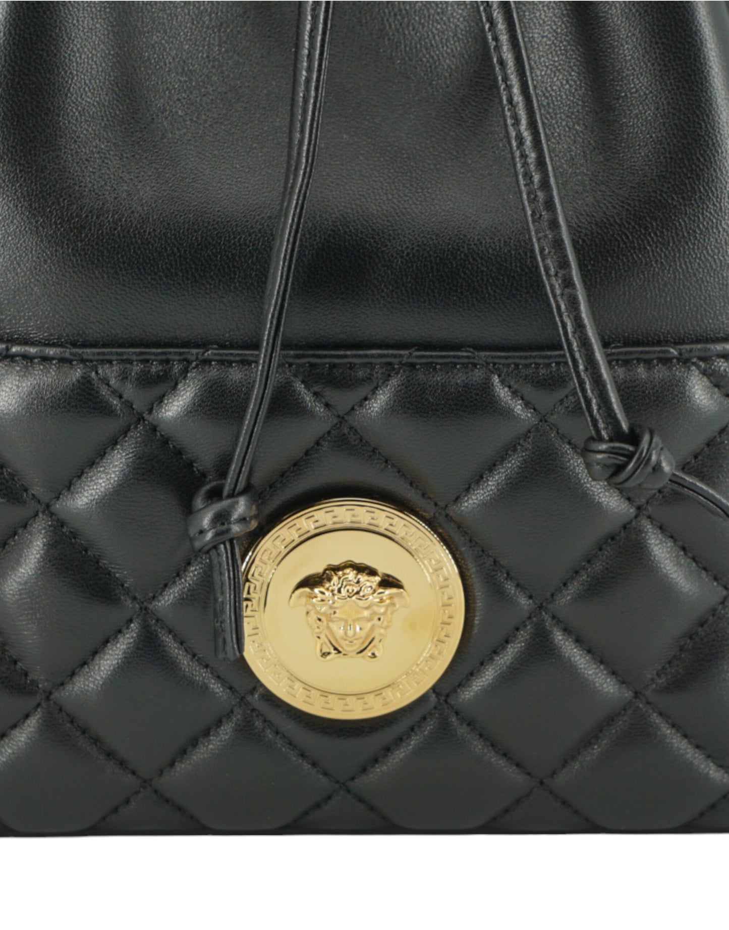 - Elegant Black Leather Medusa Bucket Shoulder Bag