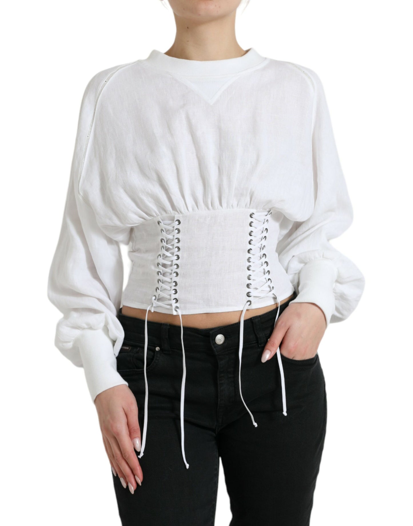 - Elegant White Lace-Up Corset Cropped Top