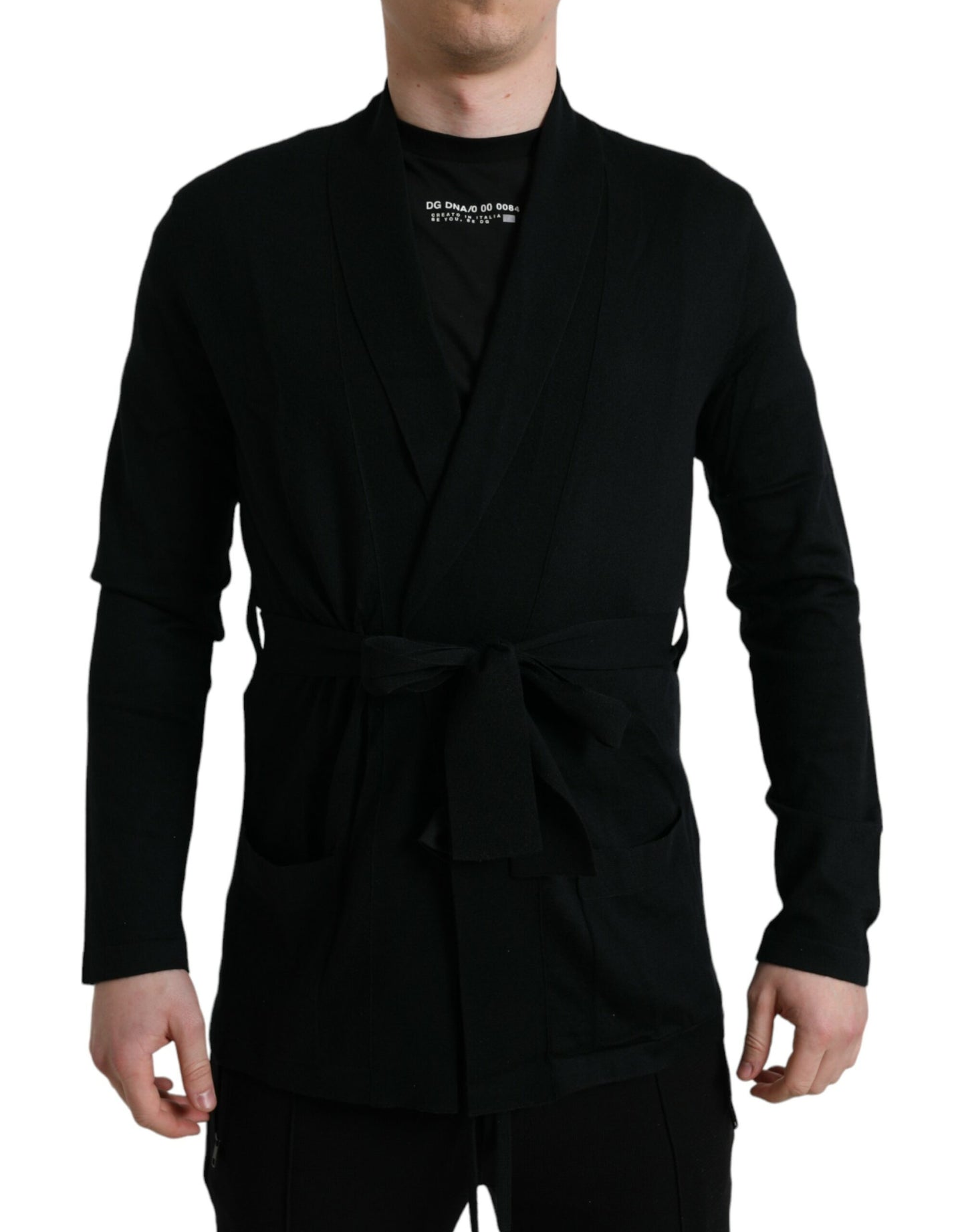 - Elegant Black Cashmere Robe with Waist Belt