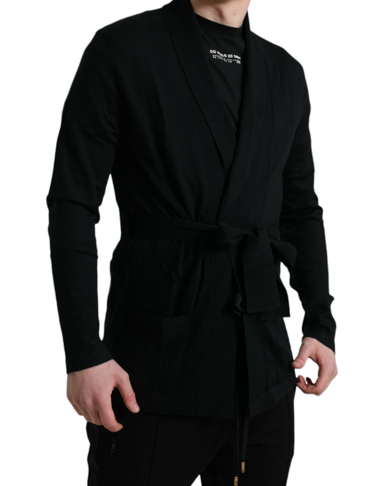 - Elegant Black Cashmere Robe with Waist Belt